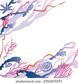Card with the sea scene. Corals and sea plants on a white background.