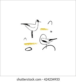 Card with seagulls. Hand drawn background. Pattern as well.