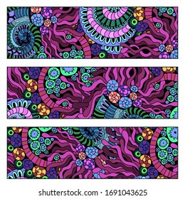 Card with sealife motiv. Unterwater life, shell and coral. Doodle style. Vector illustration 