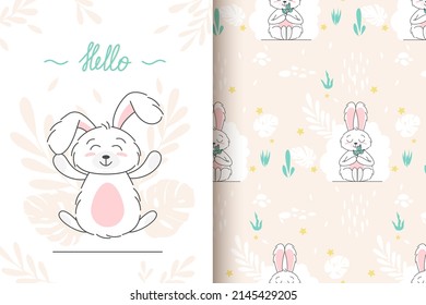 card, seamless pattern of a cute bunny. children concept. Happy easter rabbits different poses cartoon characters. Bunny with floral leafs. Design for baby, kids poster, card, invitaton. Vector