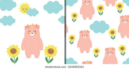 Card and seamless pattern of cute cartoon flowers, clouds and bear. cute wallpaper for gift wrapping paper, textile, colorful for children, flat style
