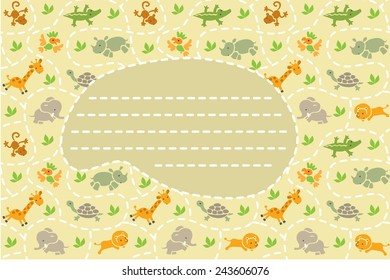 Card with seamless pattern of funny running African animals in savannah and place for text. Children vector illustration