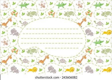 Card with seamless pattern of funny running African animals in savannah and place for text. Children vector illustration