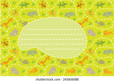 Card with seamless pattern of funny running African animals in savannah and place for text. Children vector illustration