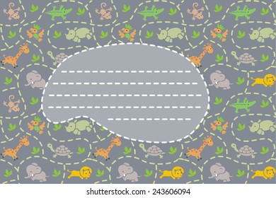 Card with seamless pattern of funny running African animals in savannah and place for text. Children vector illustration