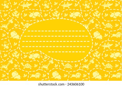 Card with seamless pattern of funny running African animals in savannah and place for text. Children vector illustration