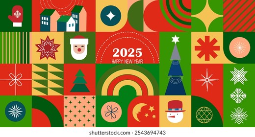 Card or seamless pattern with New year and Christmas symbols. Bright vector modern design. Abstract tiles.