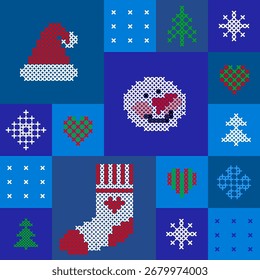 Cartão ou padrão sem costura com símbolos de Ano Novo e Natal. Vetor brilhante design moderno feito em estilo costura para guardanapo de férias.