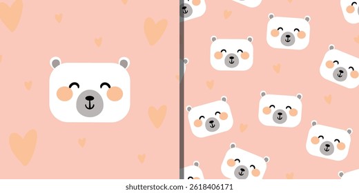 Card and seamless white teddy bear pattern, pink background cute wallpaper for gift wrapping paper, textile, colorful for kids, flat style