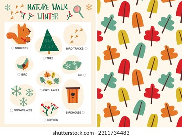Card Search for Forest Items and Animals for Children and pattern with colorful leaves in winter colors. Seasons.