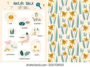 Card Search for Forest Items and Animals for Children and  Pattern with daffodils. Seasons.