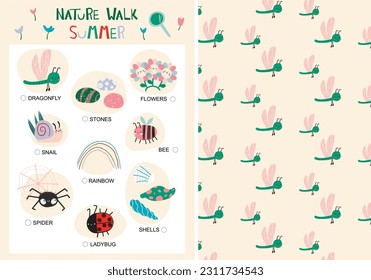 Card Search for Forest Items and Animals for Children and  Cute kids pattern with dragonfly and flowers. Seasons.