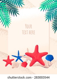 Card with seashell and starfish arrangement, palm leaves. Sandy beach background. Retro vector illustration. Place for your text. Design for poster, flyer, invitation, card