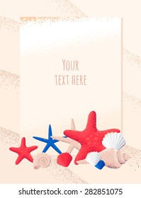 Card with seashell and starfish arrangement. Sandy beach background. Retro vector illustration. Place for your text. Design for poster, flyer, invitation, card