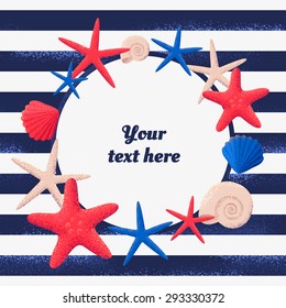 Card with seashells and starfishes round frame. Striped vest background can be used as seamless pattern. Retro vector illustration. Place for your text. Design for poster, flyer, invitation, postcard