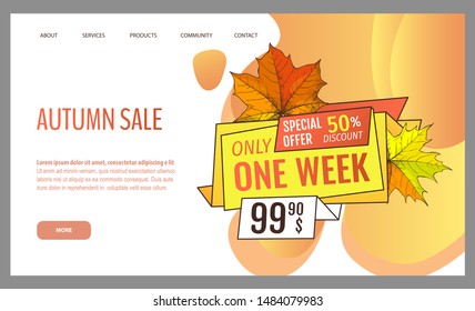 Card with seasonal proposition from store, vector. Shop sale in autumn. Autumnal offer discounts. Fall leaves with gold tag. Flyer hot price and lowered cost, promotion premium quality goods