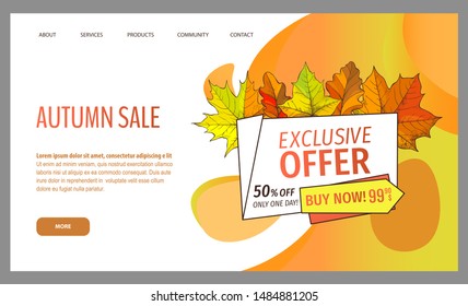 Card with seasonal proposition from store, vector. Shop sale in autumn. Autumnal offer discounts. Fall leaves with gold tag. Flyer hot price and lowered cost, promotion premium quality goods