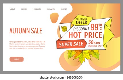 Card with seasonal proposition from store, vector. Shop sale in autumn. Autumnal offer discounts. Fall leaves with gold tag. Flyer hot price and lowered cost, promotion premium quality goods