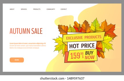 Card with seasonal proposition from store, vector. Shop sale in autumn. Autumnal offer discounts. Fall leaves with gold tag. Flyer hot price and lowered cost, promotion premium quality goods