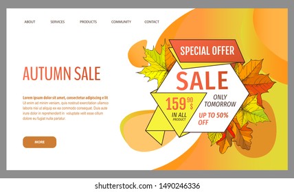 Card with seasonal proposition from store, vector. Shop sale in autumn. Autumnal offer discounts. Fall leaves with gold tag. Flyer hot price and lowered cost, promotion premium quality goods