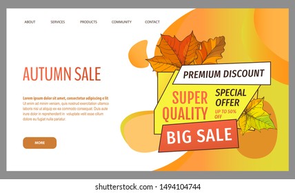 Card with seasonal proposition from store, vector. Shop sale in autumn. Autumnal offer discounts. Fall leaves with gold tag. Flyer hot price and lowered cost, promotion premium quality goods