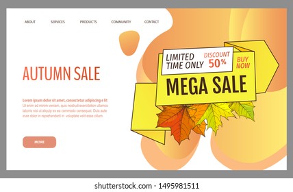 Card with seasonal proposition from store, vector. Shop sale in autumn. Autumnal offer discounts. Fall leaves with gold tag. Flyer hot price and lowered cost, promotion premium quality goods