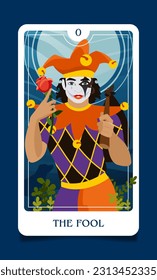 The card of the senior arcana is a Fool. Occult esoteric spiritual Tarot. Numerology and fortune telling. Design flat vector illustrations