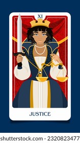 The card of the senior arcana is JUSTICE. Occult esoteric spiritual Tarot. Numerology and fortune telling. Modern Flat Vector illustrations