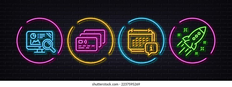 Card, Seo analytics and Calendar minimal line icons. Neon laser 3d lights. Startup rocket icons. For web, application, printing. Bank payment, Statistics, Schedule info. Business innovation. Vector