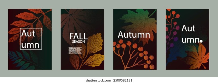 Card set of autumn leaves with grainy gradient texture. Collection of halftone leaf