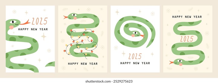 Card set  with cute cartoon green snake. Happy  New year 2025. Vector illustrations