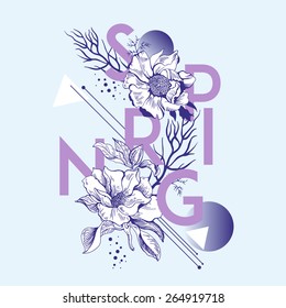 Card with set of decorative, floral design elements and text. Spring. For t-shirt or other uses. Natural cosmetic. Flower shop, market, boutique.