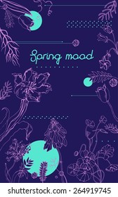 Card with set of decorative, floral design elements and text. Spring. For t-shirt or other uses. Natural cosmetic. Flower shop, market, boutique. Print for textile, bag, pattern fills
