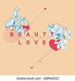 Card with set of decorative, floral design elements and text. Love. Lily