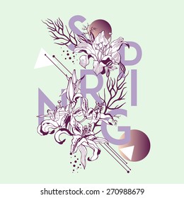 Card with set of decorative, floral design elements and text. Spring. Lily. For t-shirt or other uses