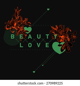 Card with set of decorative, floral design elements and text. Love. Lily. For t-shirt or other uses