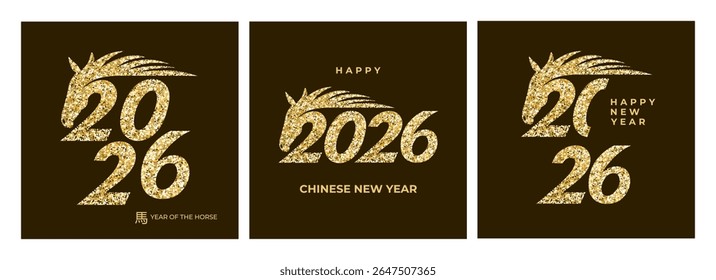 O conjunto de cartas apresenta designs dourados de brilho para 2026, mostrando uma cabeça de cavalo zodíaco. Uma saudação festiva para o Ano Novo Chinês, reflete o charme asiático e as tradições chinesas na Ásia.