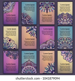 Card set with floral decorative mandala elements background. Asian Indian oriental ornate banners