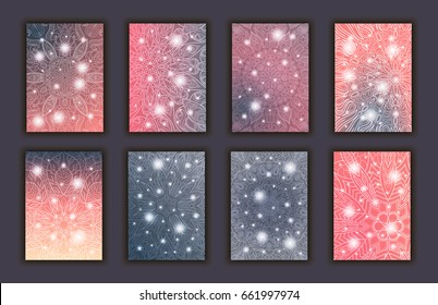 Card set with floral glowing decorative mandala elements background. Asian Indian oriental ornate banners.