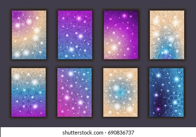 Card set with floral glowing decorative mandala elements background. Asian Indian oriental ornate banners.