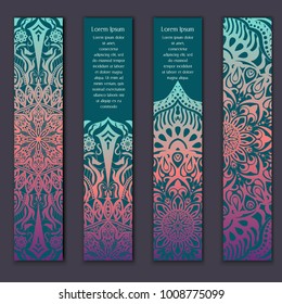 Card set with floral lace decorative mandala elements background. Asian Indian oriental ornate banners.