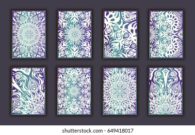 Card set with floral lace decorative mandala elements background. Asian Indian oriental ornate banners.