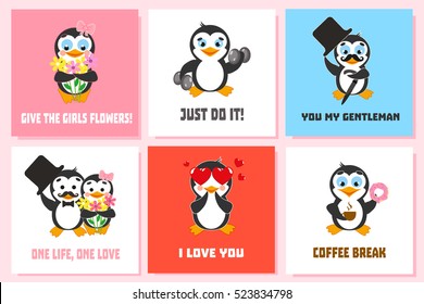 Card set with funny penguin characters. I love you. Just do it. Give the girls flowers. Coffee break. You my gentleman. 
