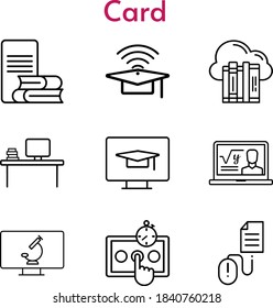 card set. included cloud, professor, cap, desktop, test, online-learning, student-desktop, click, microscope icons. linear styles.