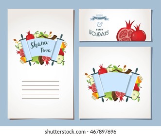 card set for Jewish Holiday Rosh Hashana with traditional symbols