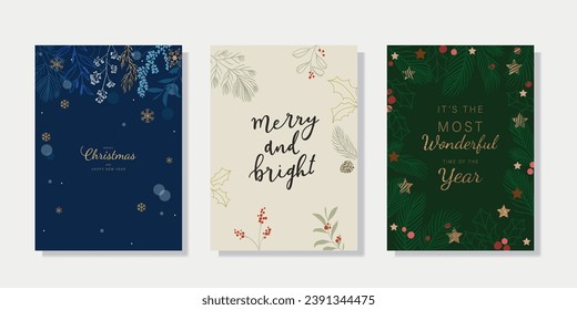 Card Set of Merry Christmas and Happy New Year. Vector illustrations for background, greeting card, Happy Holidays, season's greeting