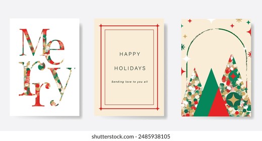 Conjunto de tarjetas de Navidades felices y feliz año Nuevo. Ilustraciones vectoriales de fondo, tarjeta de felicitación, Días festivos felices, saludo de temporada