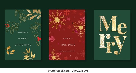 Card Set of Merry Christmas and Happy New Year. Vector illustrations for background, greeting card, Happy Holidays, season's greeting