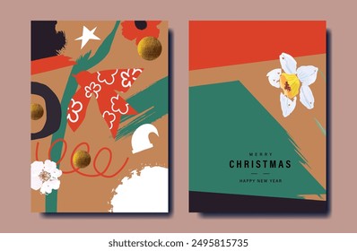 Card Set of Merry Christmas and Happy New Year. Vector illustrations for background, greeting card, Happy Holidays, season's greeting