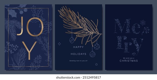 Conjunto de tarjetas de Navidades felices y feliz año Nuevo. Ilustraciones vectoriales para el fondo, tarjeta de felicitación, Días festivos felices, saludo de la temporada